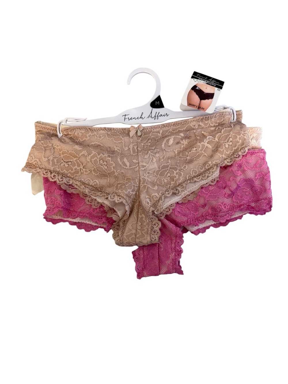 ✨NWT French Affair Lace Boyshort Panty Set - Beige & Pink, Size M